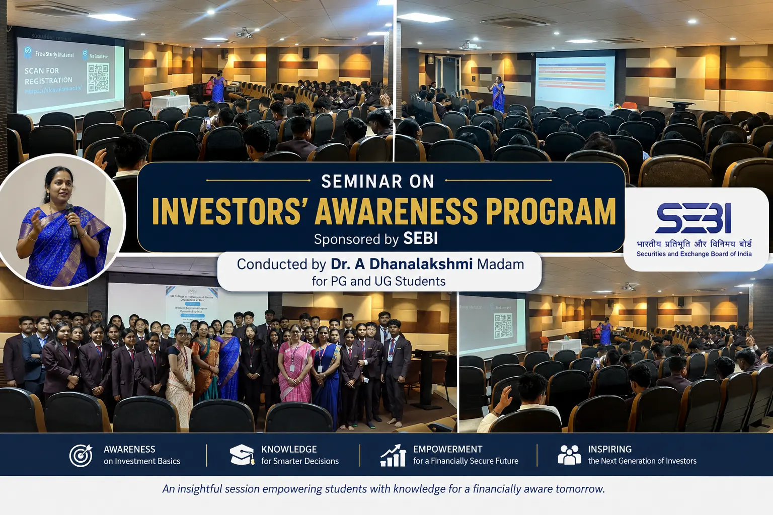 Seminar on an Investors&rsquo; Awareness Program, sponsored by SEBI and conducted by Dr. A. Dhanalakshmi, empowering UG and PG students with essential knowledge on informed and responsible investment practices.