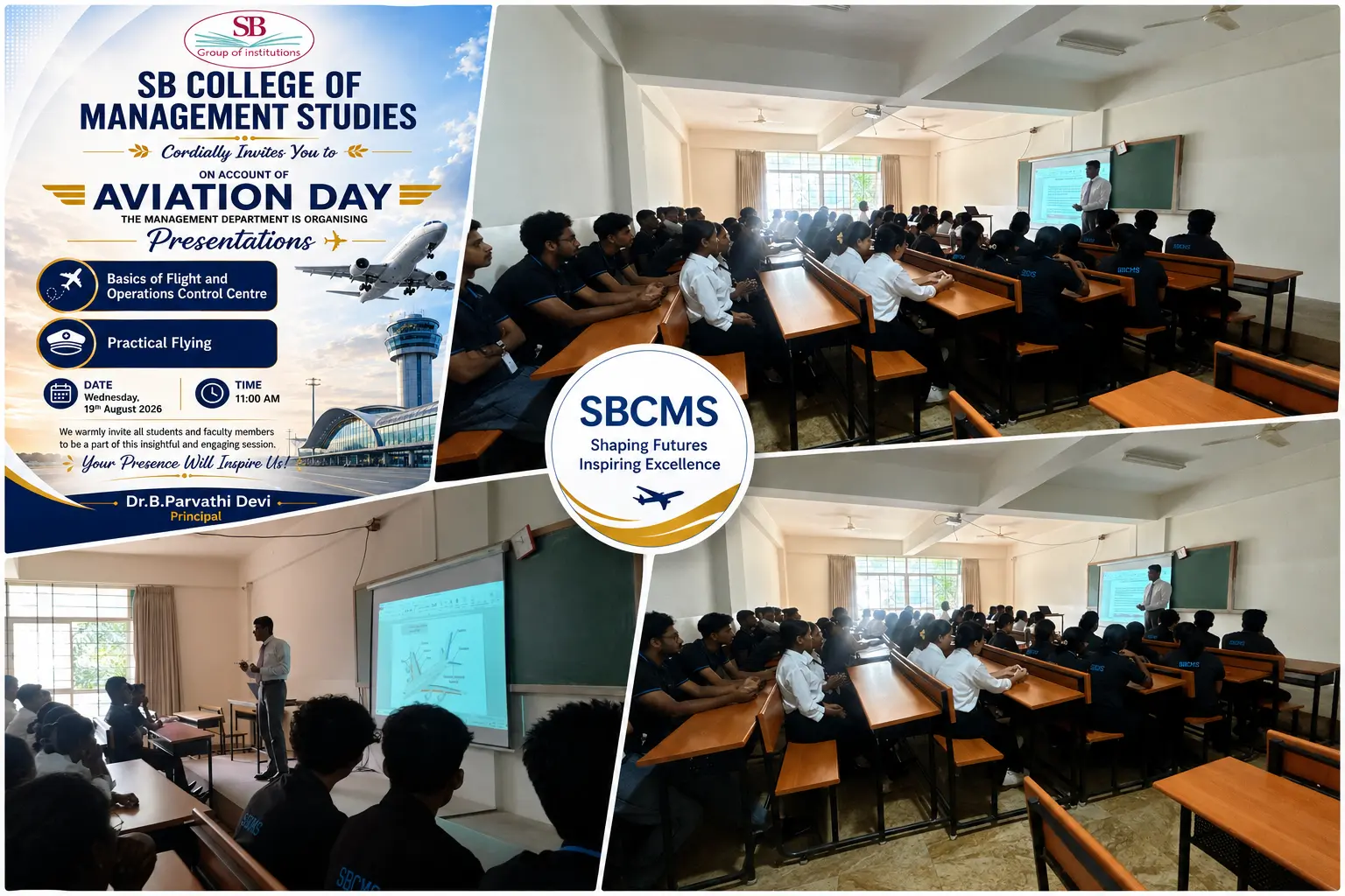 SB College of Management Studies celebrated Aviation Day with engaging presentations on flight fundamentals, operations control, and practical flying, providing students with valuable insights into the aviation industry.