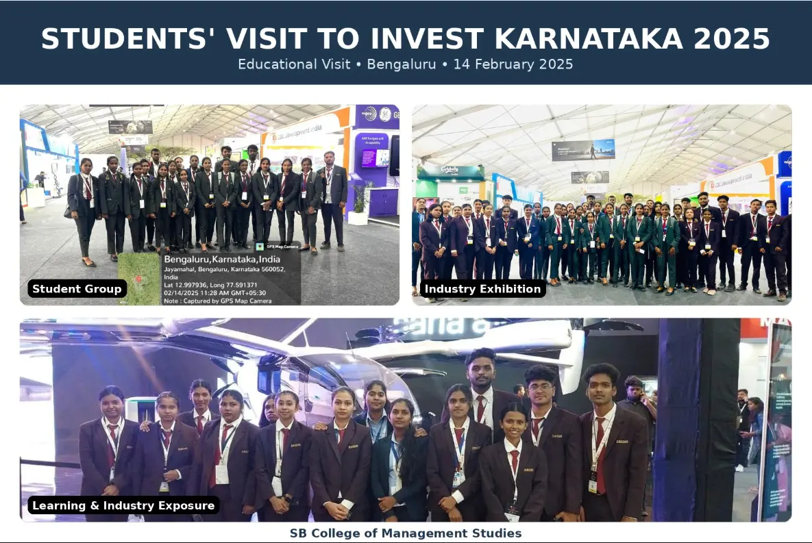 Students of SB College of Management Studies visited Invest Karnataka 2025, gaining valuable exposure to industry, innovation, and emerging business opportunities.